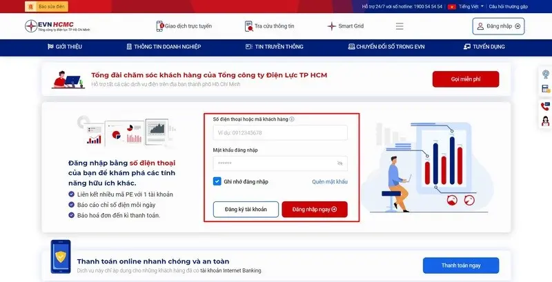 Đăng nhập vào trang chủ EVN bằng số điện thoại để thanh toán tiền điện online