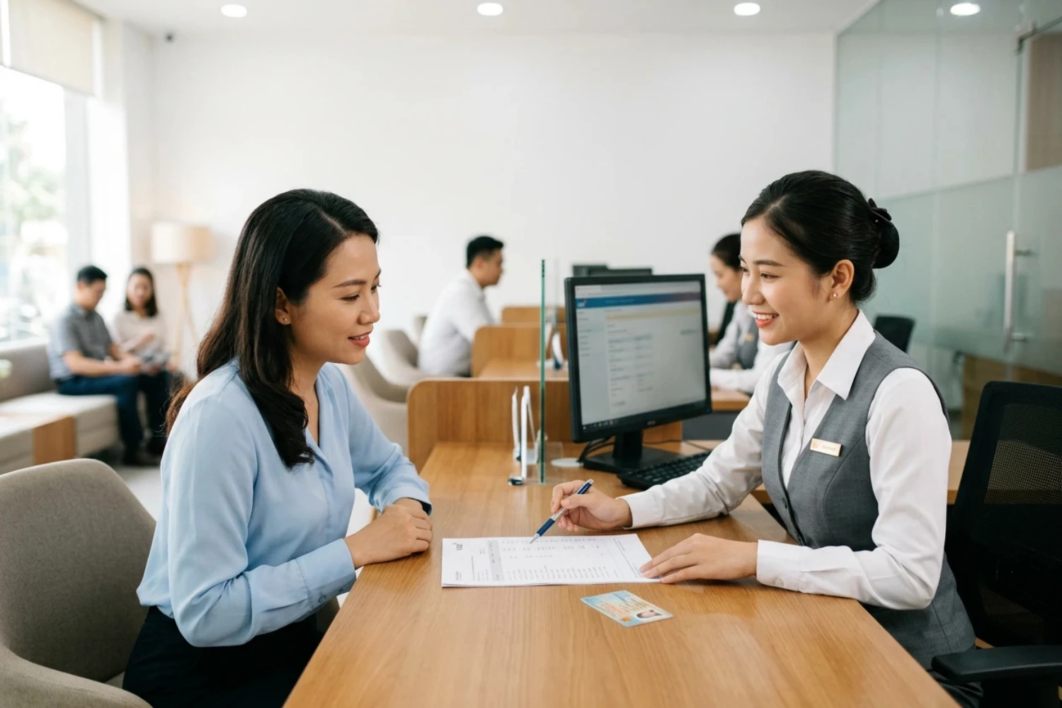Khách hàng có thể đến quầy giao dịch ngân hàng để được hỗ trợ tra cứu thông tin tín dụng cá nhân.