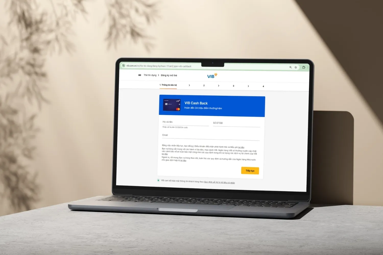 Giao diện đăng ký mở thẻ tín dụng trực tuyến trên website VIB.